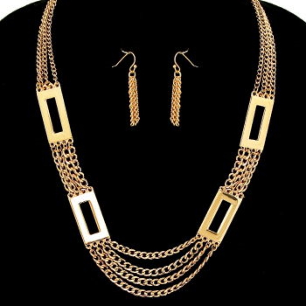 Gold Classic Square Links Necklace and Earrings Se